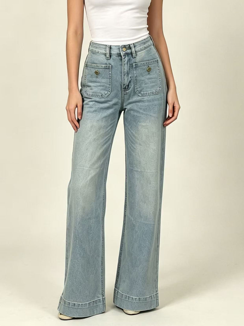 Button-Front Square Pocket Straight Leg Denim Jeans N6D165