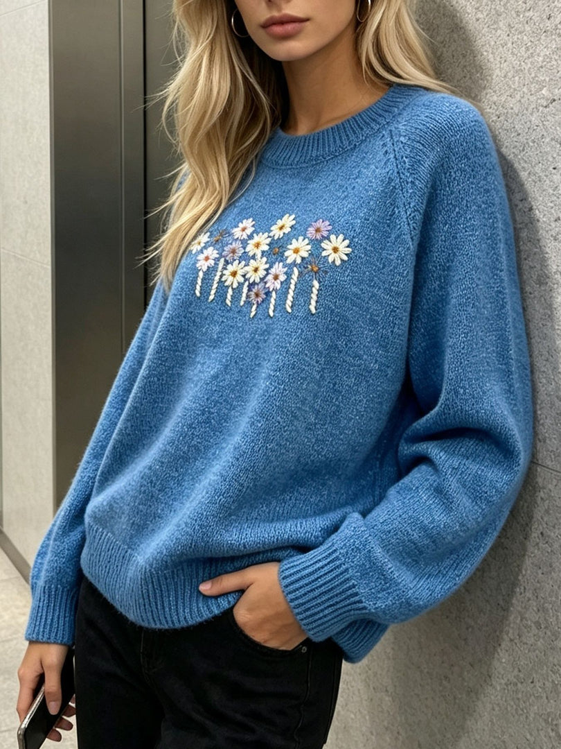 Daisy Floral Round Neck Loose Pullover Sweater N6H282