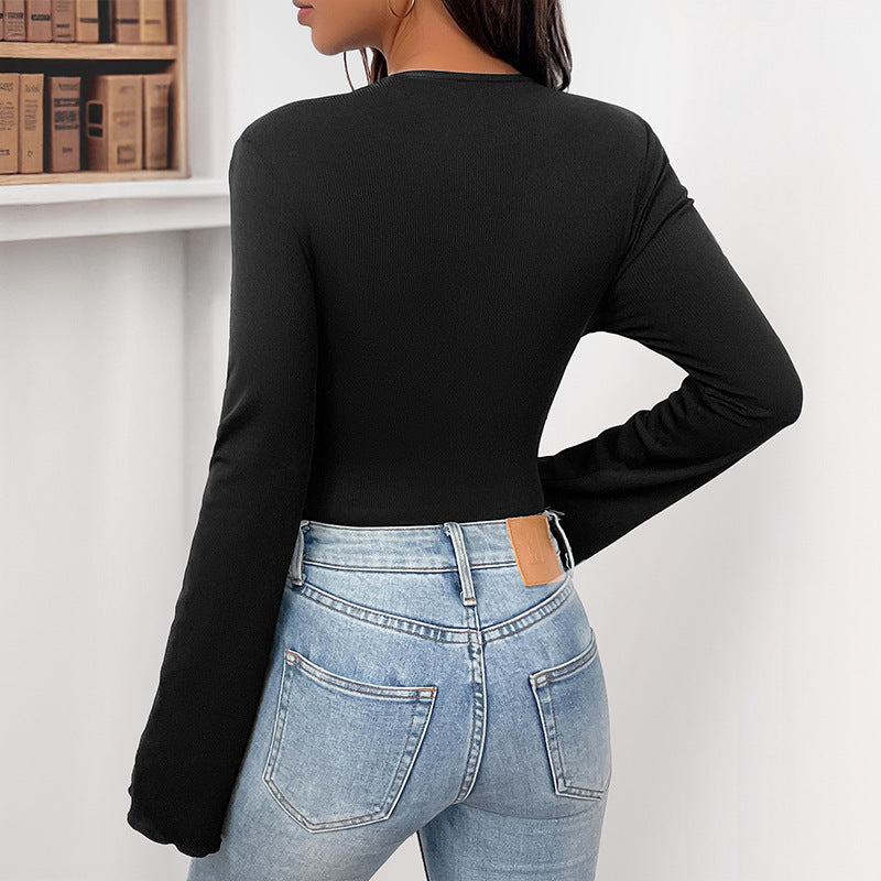 3D Floral Bodysuit Long Sleeve High Waist Black N5Z484