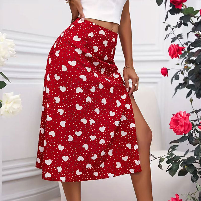 Printed Heart Polka Dot Slit Midi Pencil Skirt N6A124