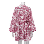 Load image into Gallery viewer, Ink Print Puff Sleeve Stand Collar A-line Dress Women N6C190