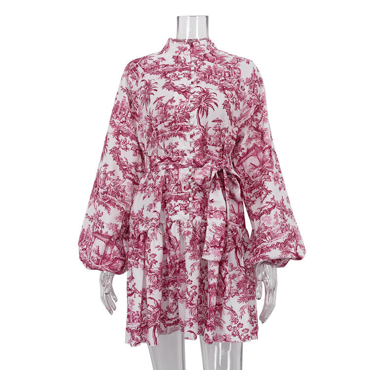 Ink Print Puff Sleeve Stand Collar A-line Dress Women N6C190