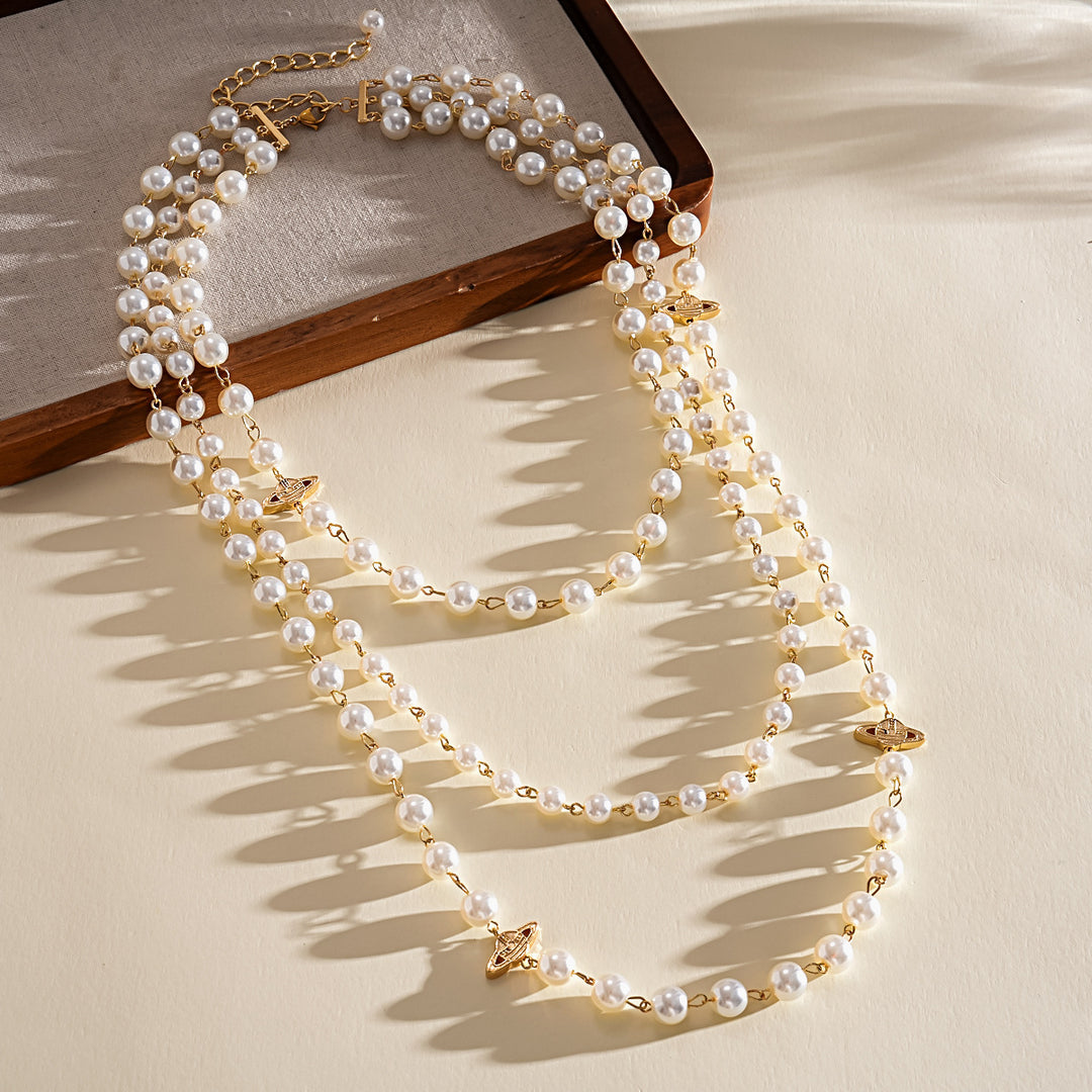 Vintage Multi-Layer Pearl Saturn Necklace Women N6H145