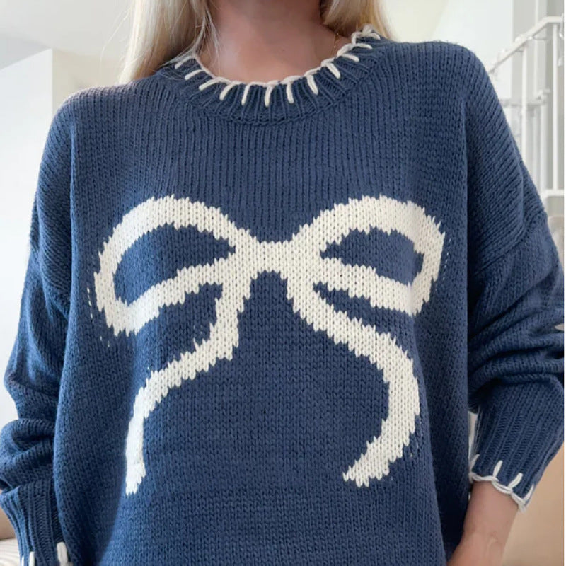Bow Crew Sweater Mid Weight White Pink Navy N5Z876
