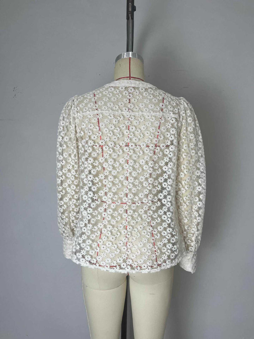 Elegant Floral Lace Blouse Women Round Neck N6D097