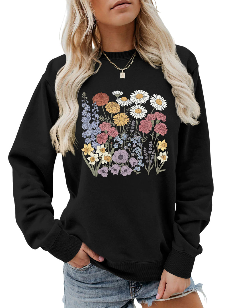 Floral Print Crewneck Sweatshirt Women Casual Loose N6H045