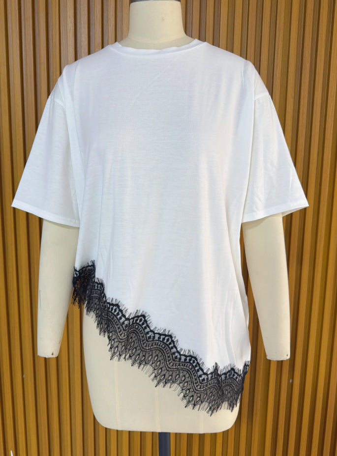 Leopard Print Lace Trim Loose Short Sleeve T-shirt N6D214