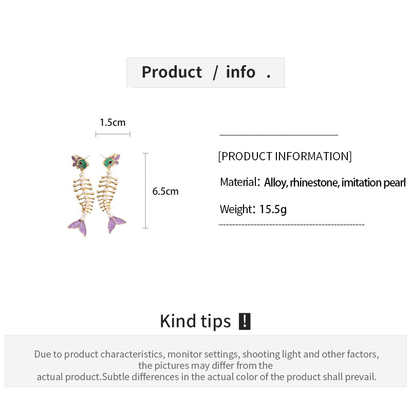 Womens Rhinestone Fish Tassel Alloy Stud Earrings N6K175