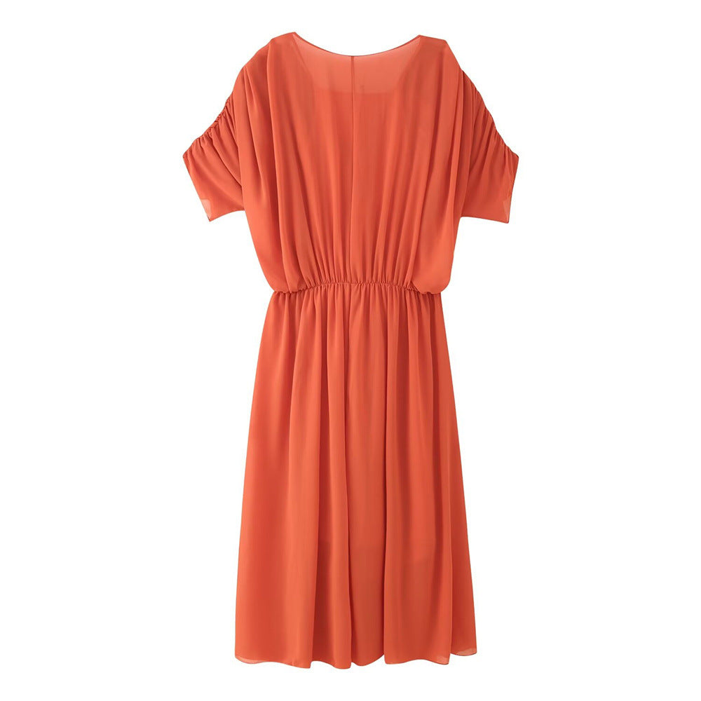 Draped V Neck Satin Dress Mid WeightN 5Z347