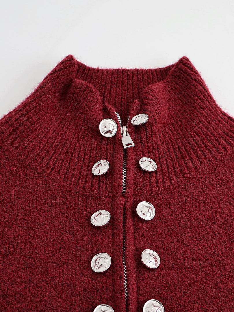 High Neck Zip Front Faux Button Knit Cardigan Women N6H270