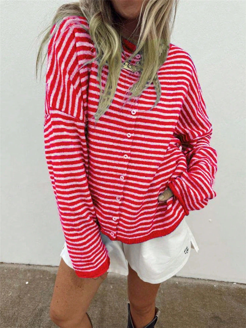 Street Style Striped Knit Cardigan Long Sleeve Women N6G286