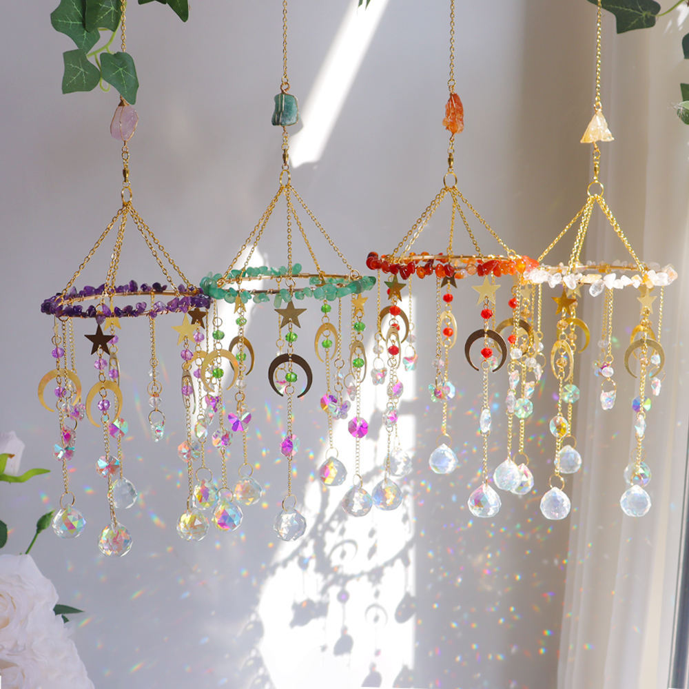 Raw Crystal Rotating Wind Chime Star Moon Sun Catcher N6F292