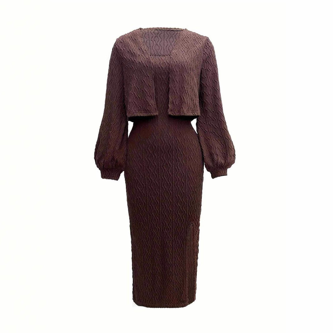 Cable Knit Slip Dress Set Women Fleece Lined Two Piece N5A082