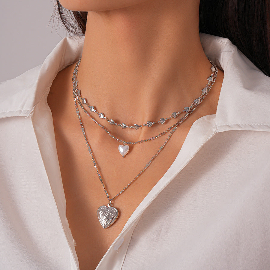 Vintage Faux Pearl Heart Layered Sweater Chain Women N6H149