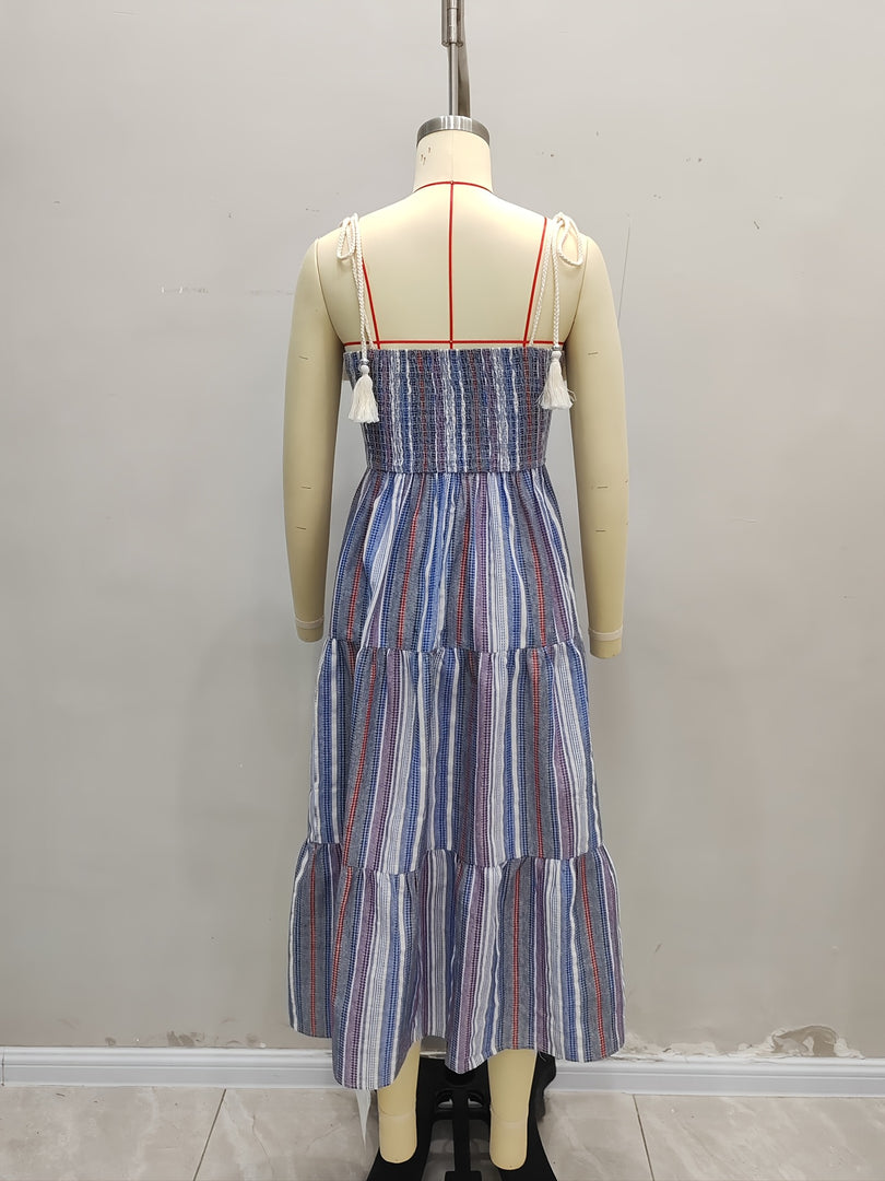 Blue White Stripe Tiered Maxi Dress Resort N6F243