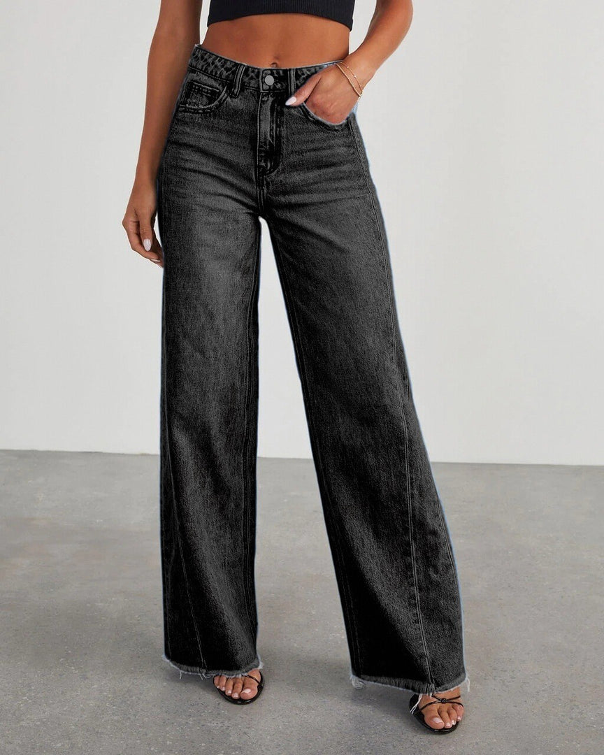 Loose Wide Leg Side Panel Raw Hem Jeans Women N6D154