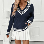 Load image into Gallery viewer, Cable V Neck Sweater Pullover Mid Weight Navy N5Z477
