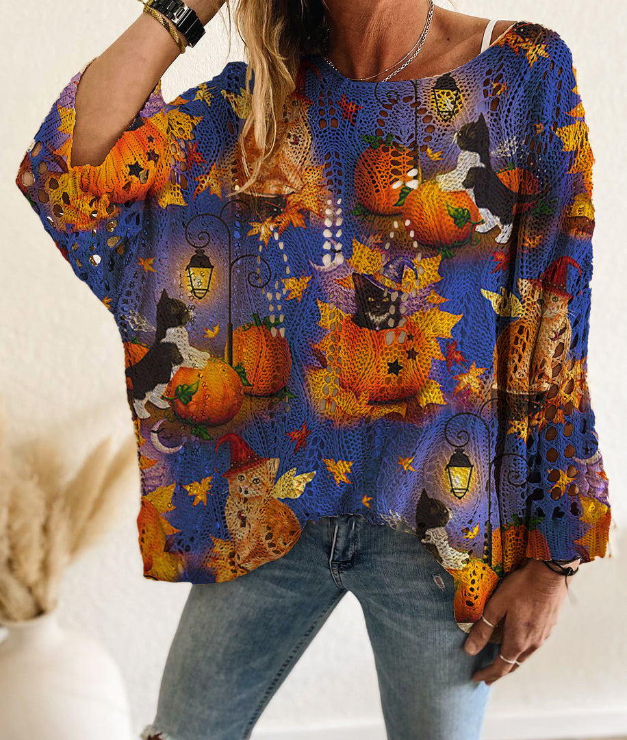 Halloween Bat Pumpkin Hollow Knit Top Women N6H275