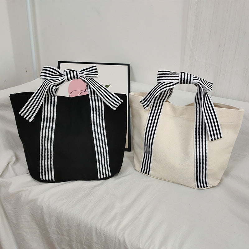 Bow Canvas Handbag Women Dark Academia Shoulder Tote N6F103