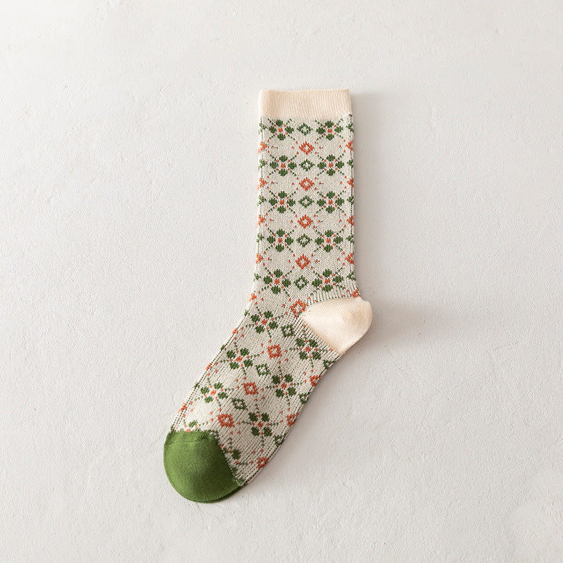 Double Needle Knit Mid-Calf Socks Women Cotton N6H022