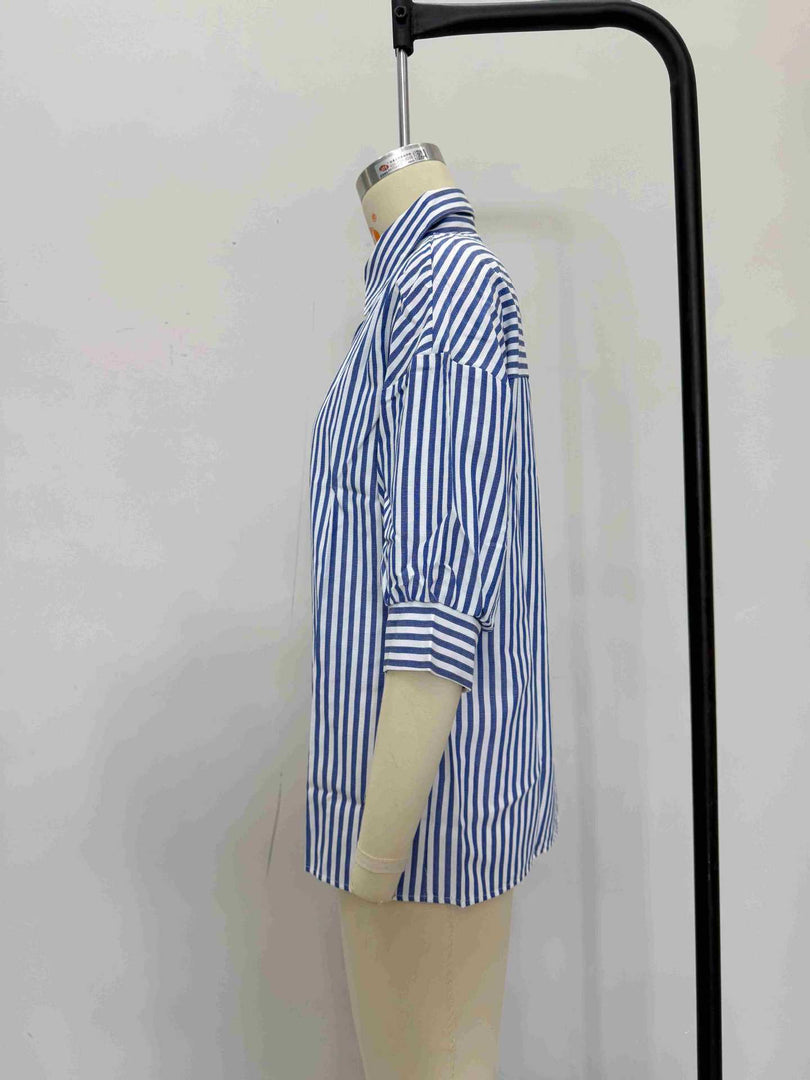 Blue Striped Mid Length Sleeve Blouse Women Vacation N6F229