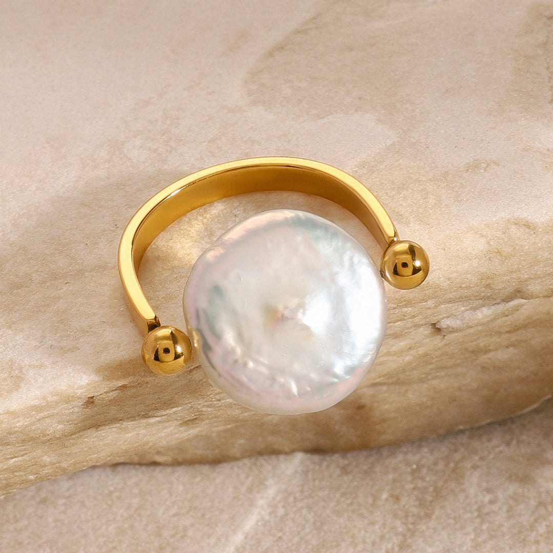 Stainless Steel Button Pearl Smooth Ring Women N6H168