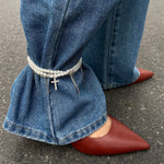 Load image into Gallery viewer, Crystal Cross Pearl Fringe Anklet Denim Jewelry N6B021