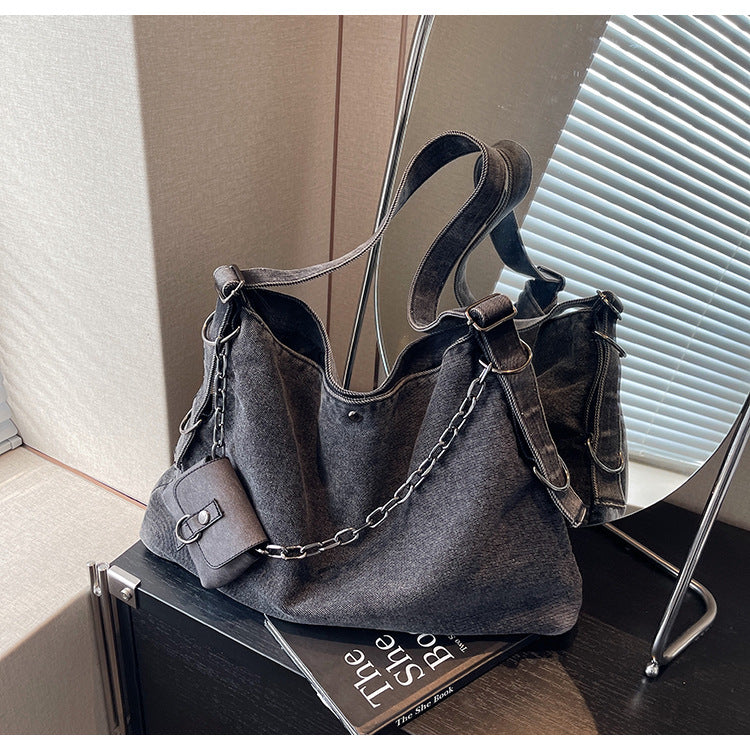 Women's Washed Denim Chain Strap Tote Bag N6J200