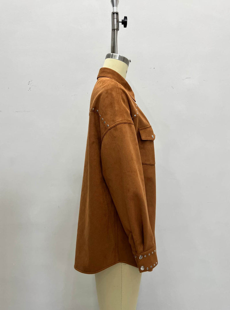 Notch Lapel Rivet Loose Shirt Jacket Women N6C127