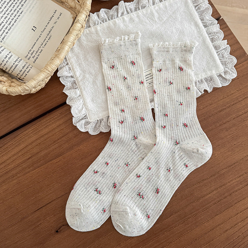 Sweet Floral Lace Trim Mid-Calf Socks Women Cotton N6H027