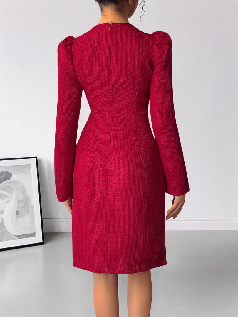 Deep V Neck Puffed Dress Pearl Accent High Waist Red N5Z469