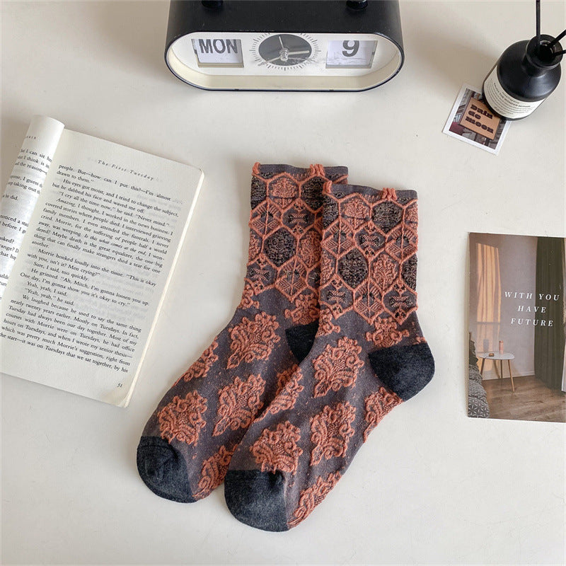 Contrast Floral Cotton Mid Calf Socks  M5A073