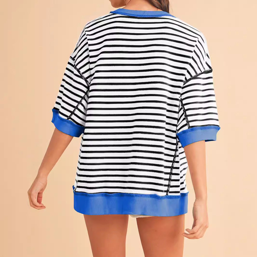 StripeContrast MidSleeve Sweater Lightweight N5A159