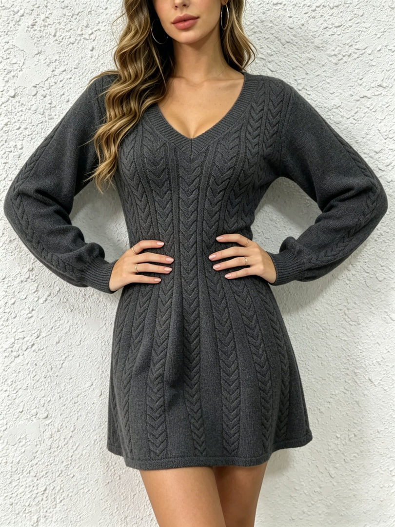 Sexy V-Neck Cable Knit Sweater Dress Short Women N6G280