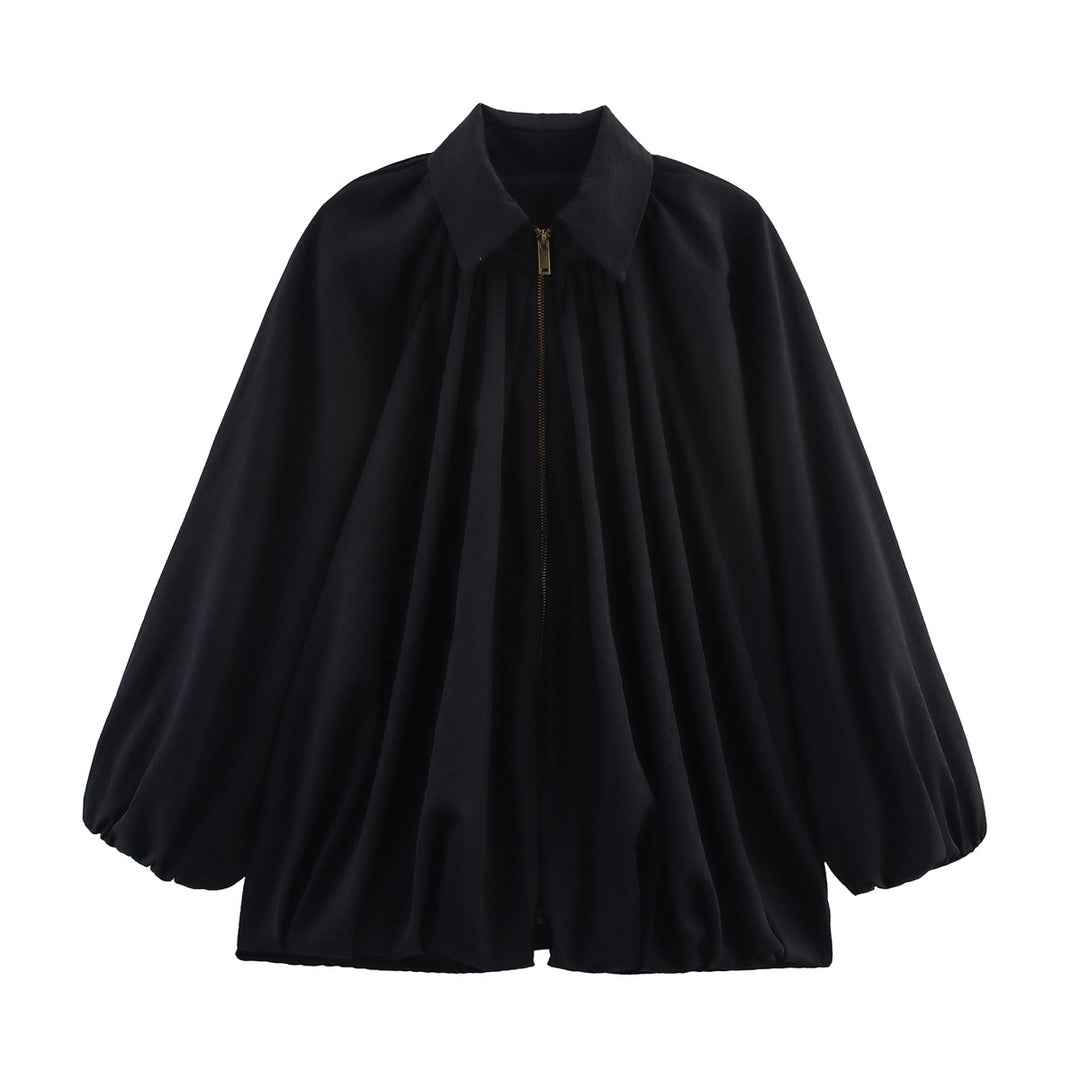 Notched Collar Puff Sleeve Baseball Jacket Women N6A154