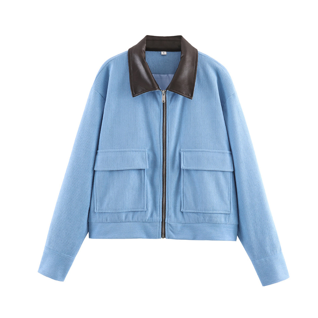 Corduroy Blend Leather Collar Jacket Women N6C138
