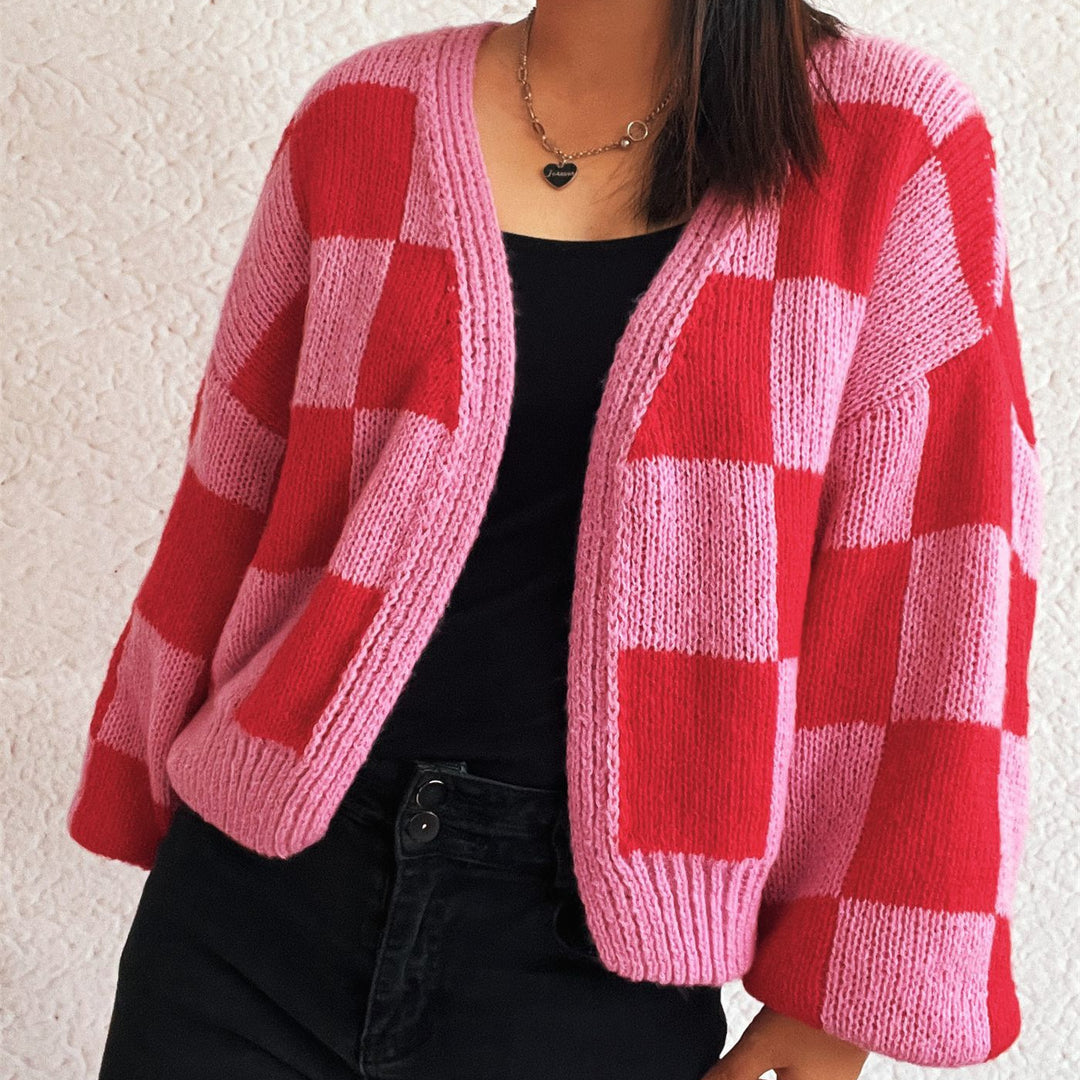 Check V Crop Cardigan Mid Heavy Rose N5A229