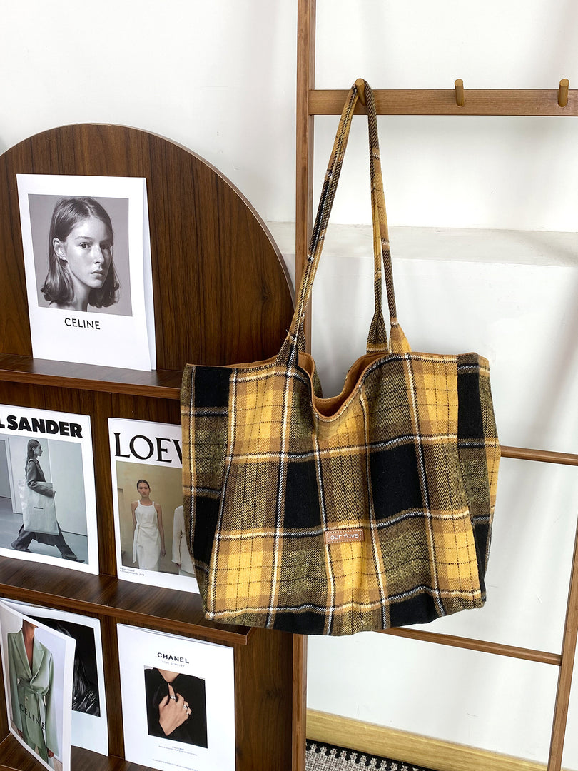 Women's Plaid Wool Tote Shoulder Bag N6J183