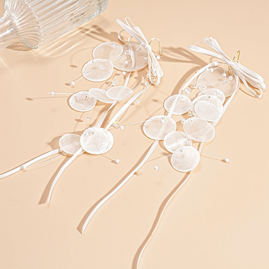 Coastal Bow Drop Earrings Shell Glass Streamer Fringe S5P147