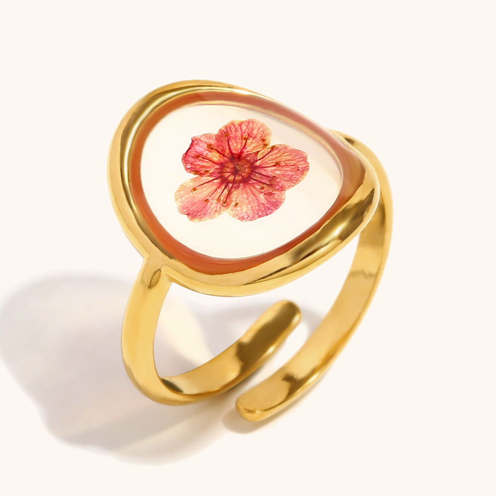 Red Flower Round Ring Steel 18K Gold Unique Design S5P005