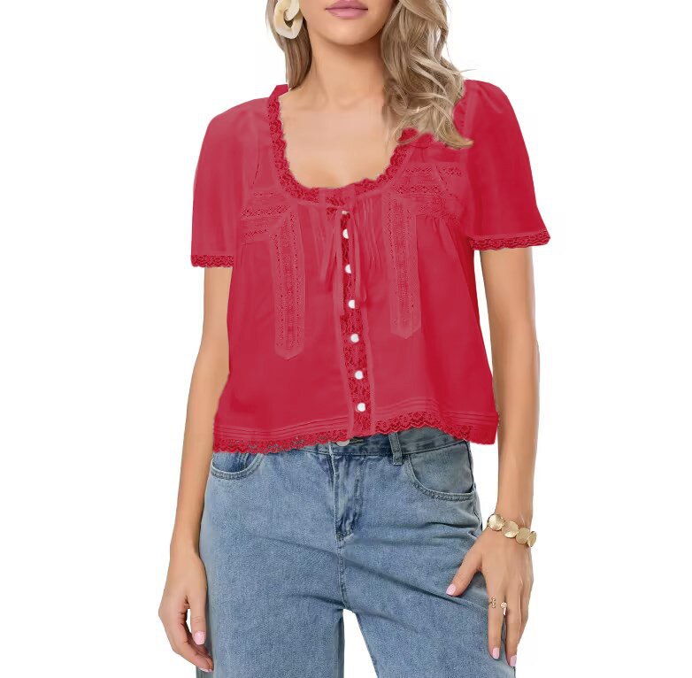 3D Lace French Tie Organic Cotton Blouse Women N6C120