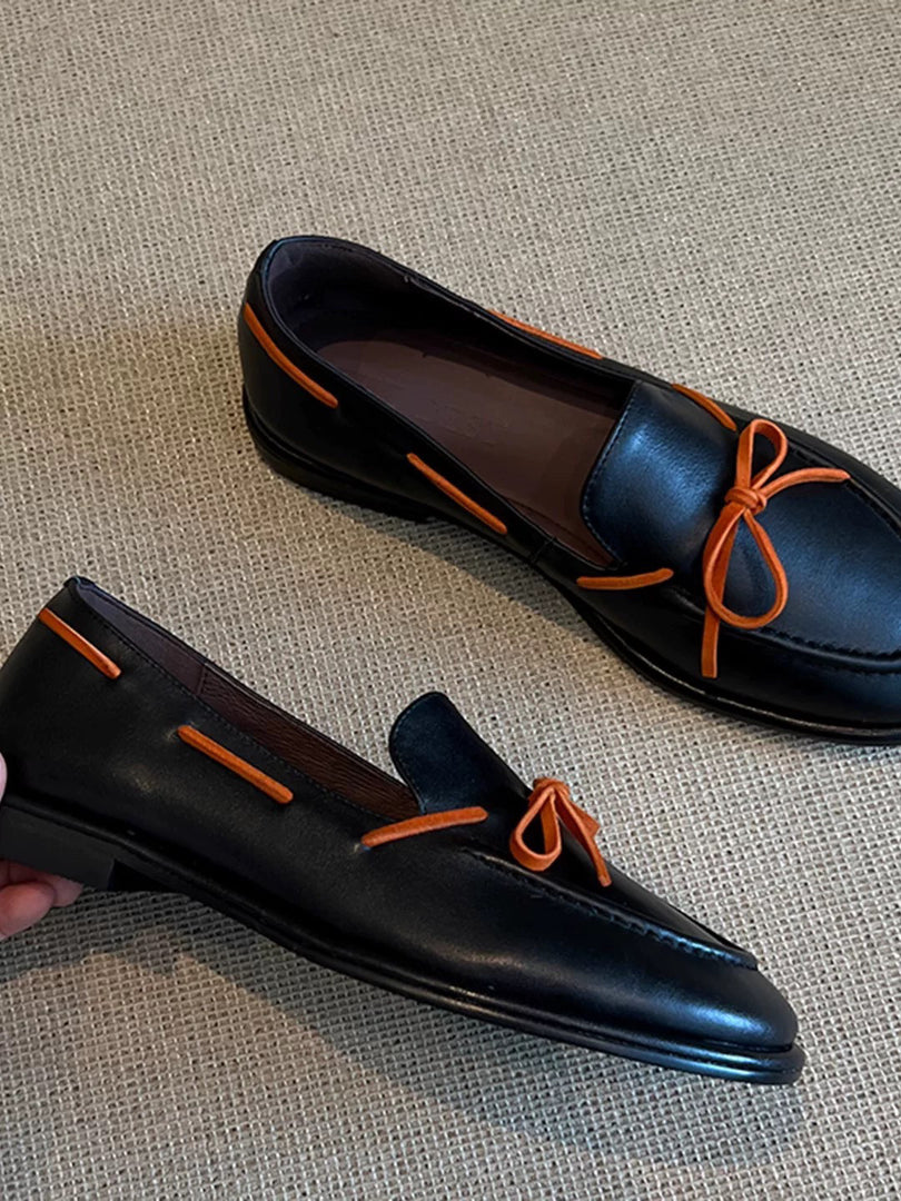 Retro Round Toe Flat Bow Slip-On Loafers Women N6C150