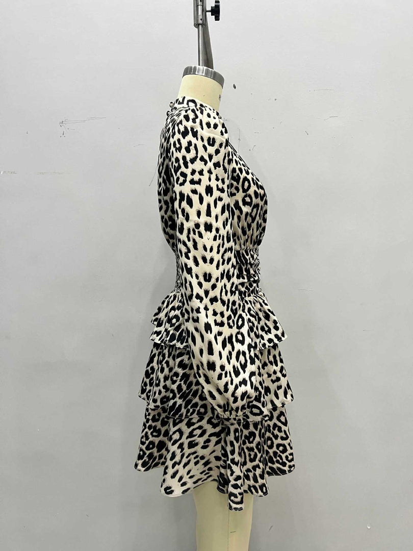 Leopard Print Chiffon Bubble Sleeve Layered Dress N6G177
