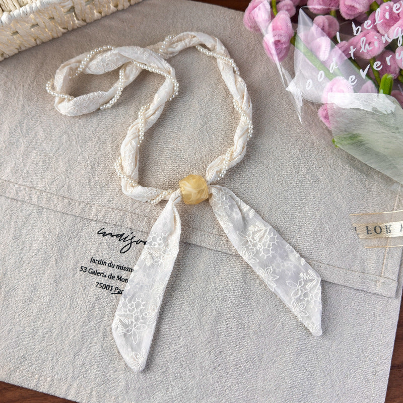 Womens Beige Lace Floral Pearl Scarf Necklace N6K273
