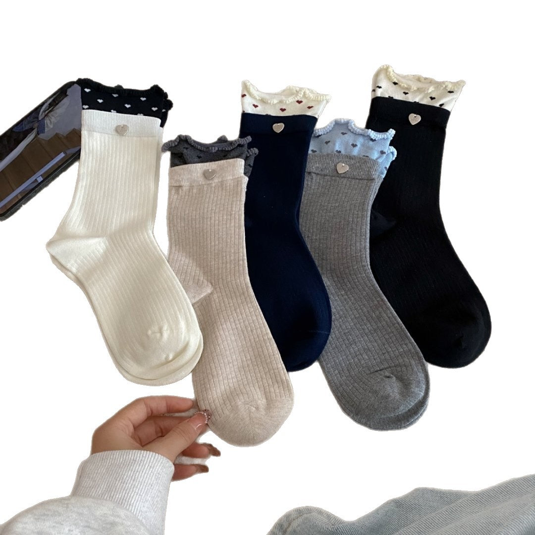 Color Block Ruffle Trim Socks Polka Dot Button Accent M5A022