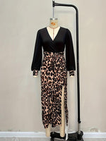 Load image into Gallery viewer, Leopard Print V neck High Slit Bodycon Dress Women N6C196