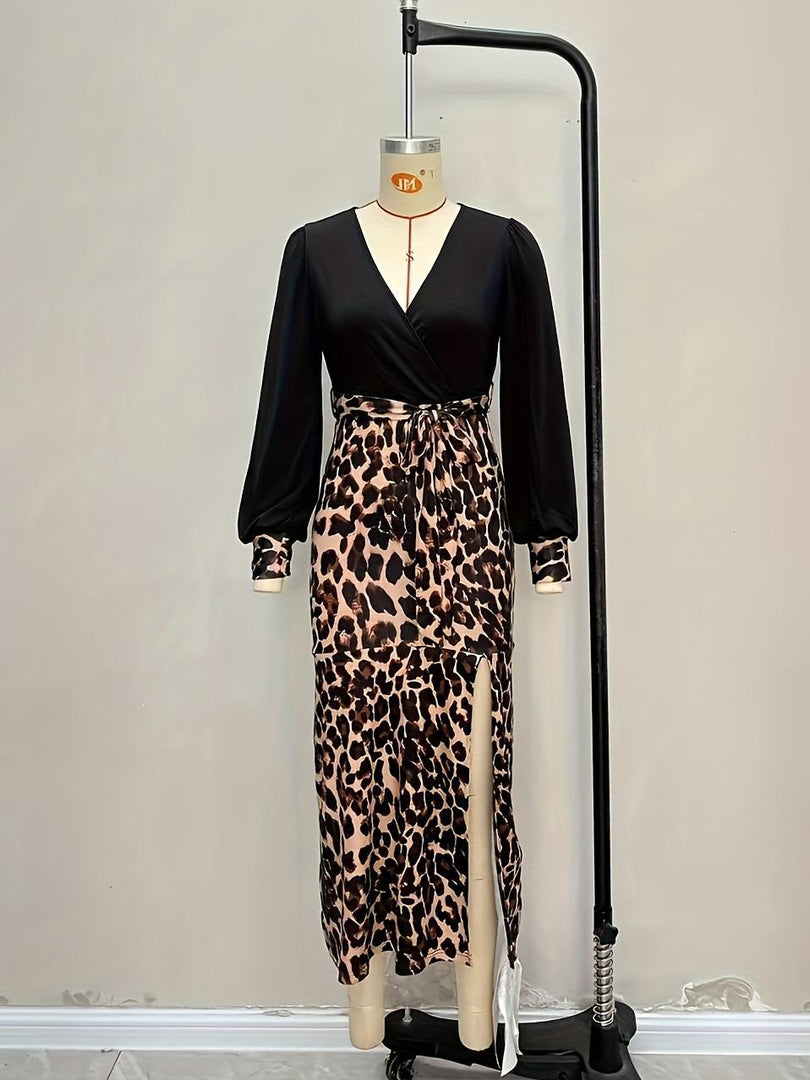 Leopard Print V neck High Slit Bodycon Dress Women N6C196