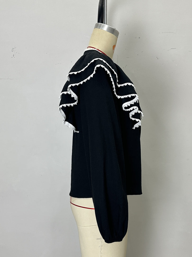 Black Puff Sleeve Lace Trim Blouse Women N6C261
