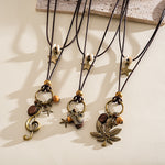 Load image into Gallery viewer, Leather Cord Wood Bead Star Leaf Sweater Chain N6H138