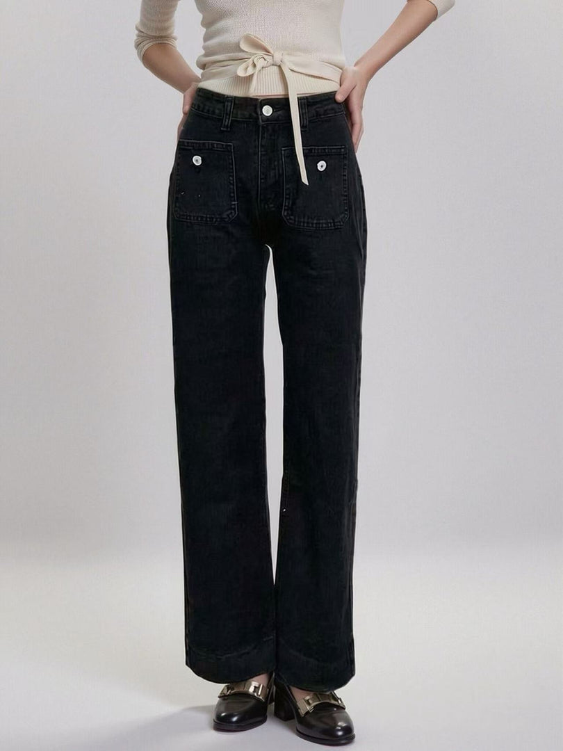 Button-Front Square Pocket Straight Leg Denim Jeans N6D165
